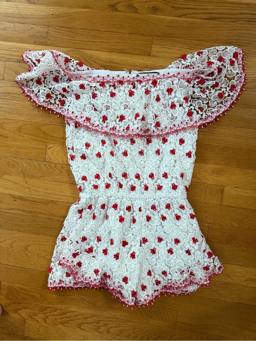 Alexis White Top with Red Embroidered Trim